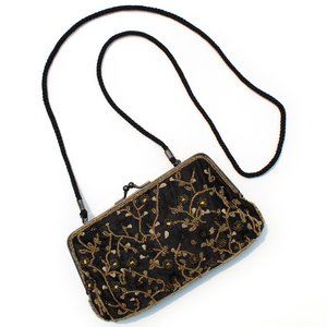 Lancome Black and Gold Beaded Crossbody Evening Bag